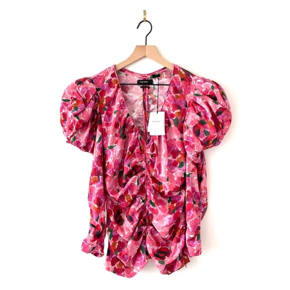 Isabel Marant Mirnao Floral Puff Sleeve Silk Blend Ruched Top Pink Size 8 NWT - Picture 12 of 12